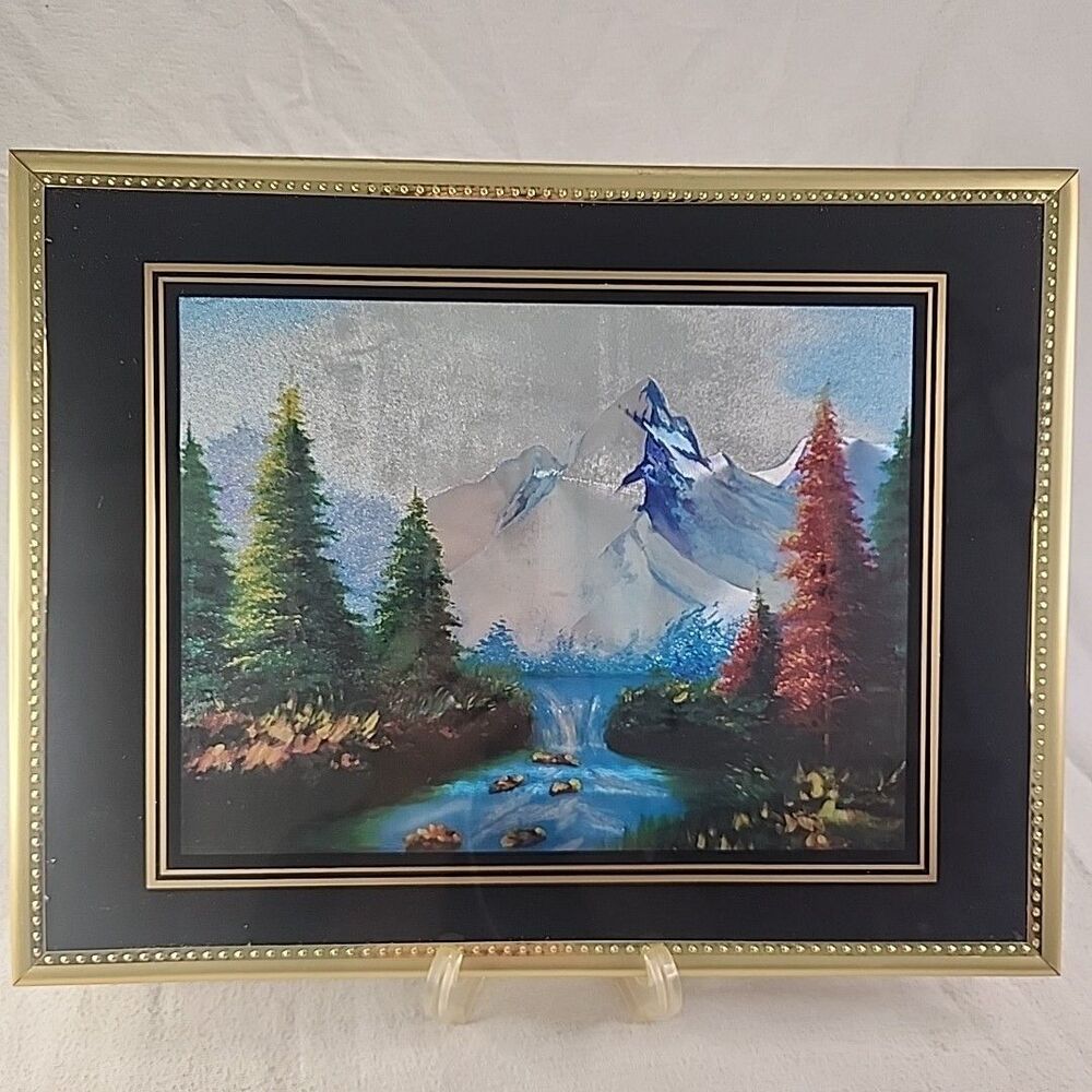 Picture Foil Art Landscape Painting Trees Mountains Water Framed 8x10 VTG 70s